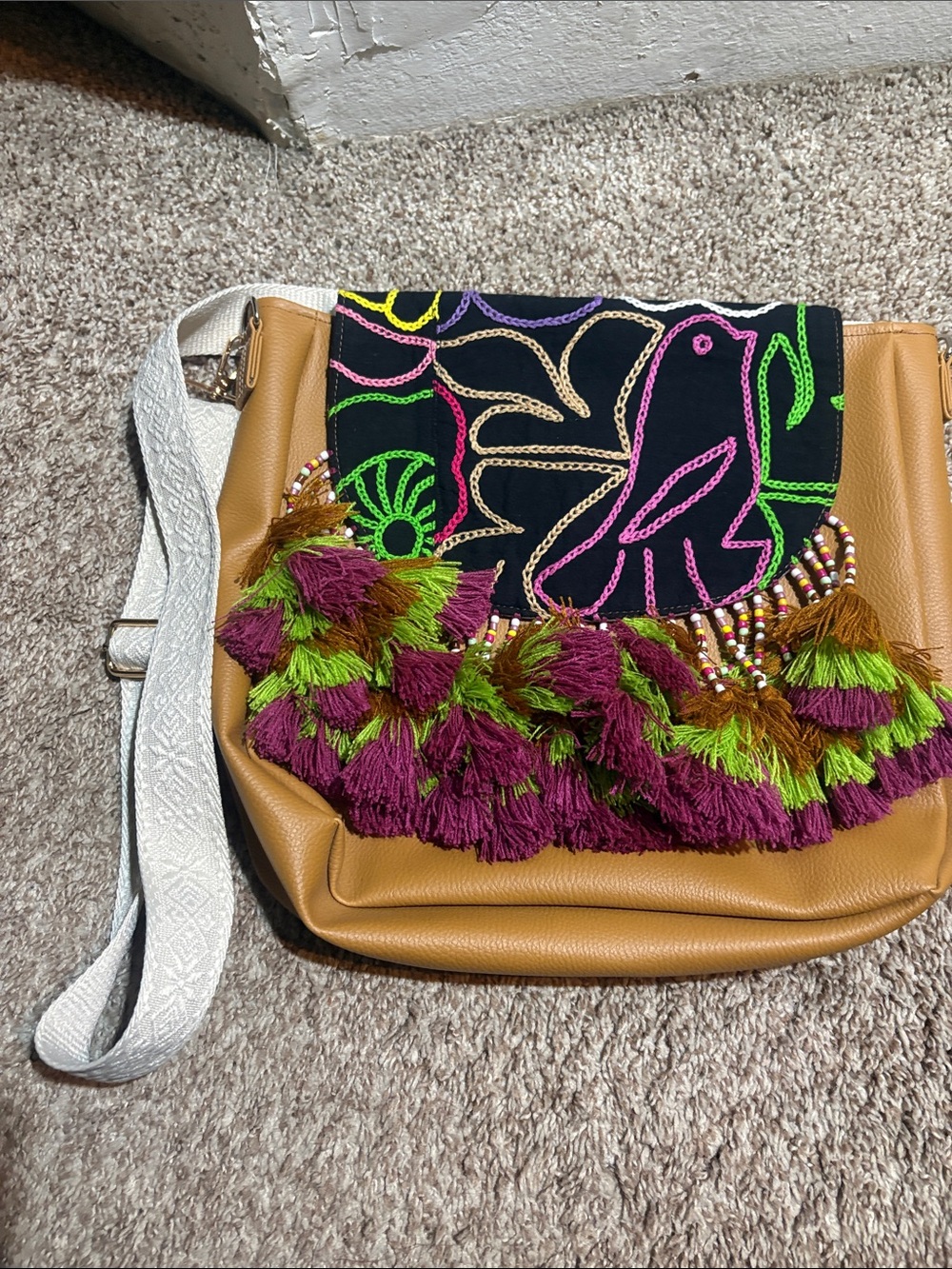 Mexican Artisan Embroidered Tassel Crossbody Bag NWOT